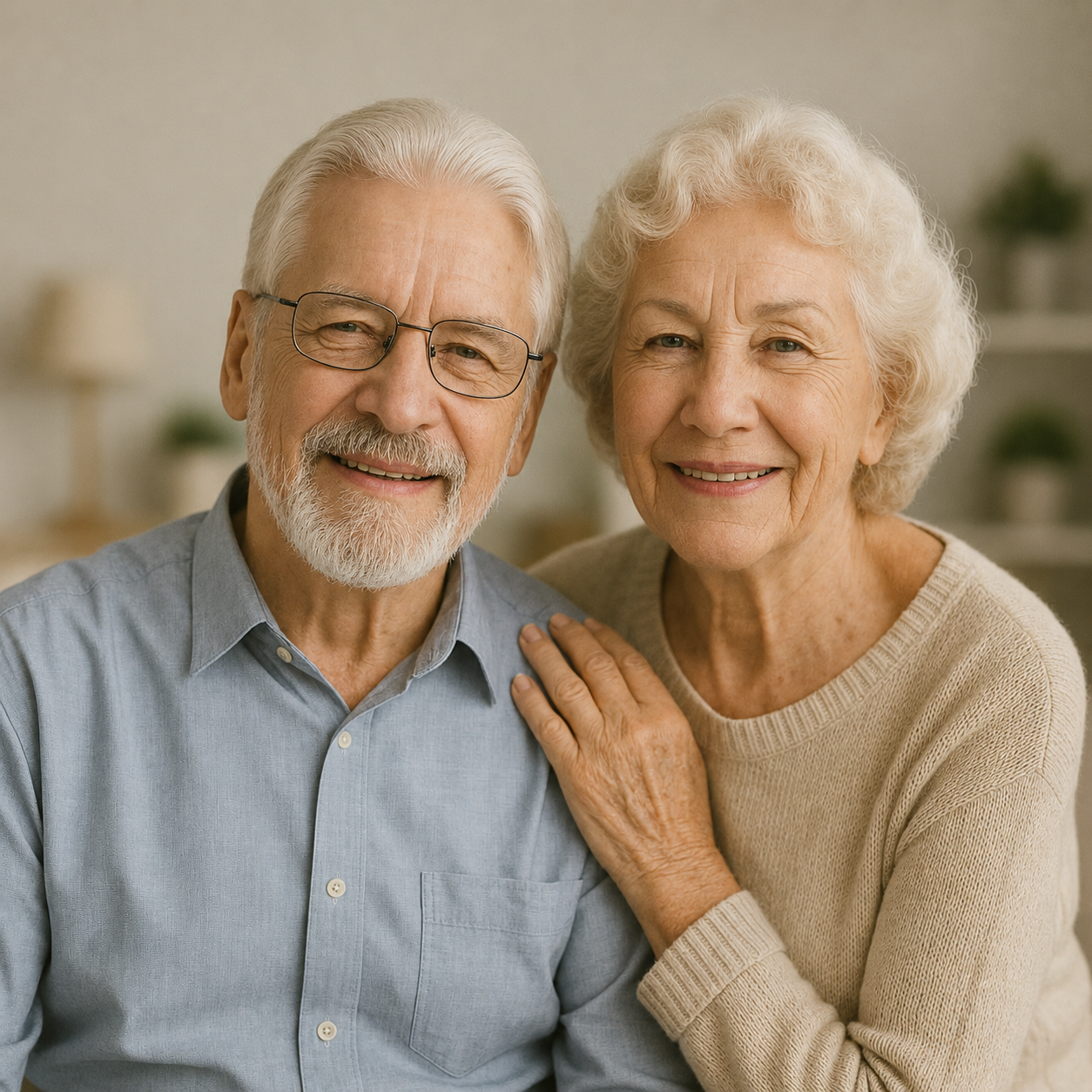 Smiling senior couple reviewing Medicare insurance options with confidence.